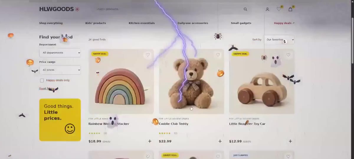 A branching lightning bolt cracking across the product grid while bats and ghosts drift past.